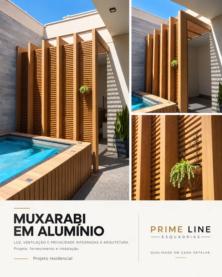 Muxarabi em ripas de alumínio ao lado de uma piscina.